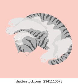 Hand-drawn vector illustration of a cute tabby cat lying stretched pop-style design.