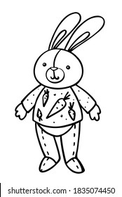 Hand-drawn vector illustration with cute toy rabbit. Black outline image isolated on a white background.