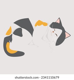 Hand-drawn vector illustration of cute tricolor cat sleeping pop-style design.