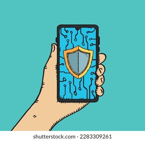 Hand-drawn vector illustration of cyber security shield display on phone. The phone is held in the hand.