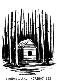 Una Ilustración vectorial dibujada a mano que representa una cabaña de madera rústica escondida entre árboles altos y oscuros en un bosque denso, representada en un llamativo estilo de boceto con textura monocromática, que evoca el misterio