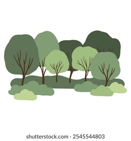 La Ilustración vectorial dibujada a mano representa un pintoresco paisaje de verano en un parque sereno. El estilo minimalista enfatiza la belleza de la naturaleza, la calidez y la alegría de los espacios al aire libre.