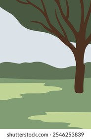 La Ilustración vectorial dibujada a mano representa un pintoresco paisaje de verano en un parque sereno. El estilo minimalista enfatiza la belleza de la naturaleza, la calidez y la alegría de los espacios al aire libre.