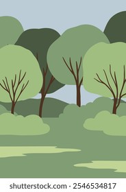 La Ilustración vectorial dibujada a mano representa un pintoresco paisaje de verano en un parque sereno. El estilo minimalista enfatiza la belleza de la naturaleza, la calidez y la alegría de los espacios al aire libre.