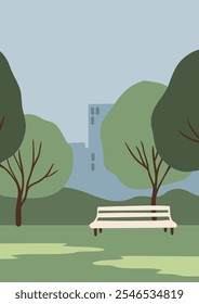 ilustração vetorial desenhada à mão retrata uma paisagem de verão pitoresca em um parque sereno. O estilo minimalista enfatiza a beleza da natureza, o calor e a alegria dos espaços ao ar livre.