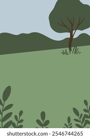 hand-drawn vector illustration depicts a picturesque summer landscape in a serene park. The minimalist style emphasizes the beauty of nature, warmth and joy of outdoor spaces.
