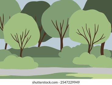 La Ilustración vectorial dibujada a mano representa un pintoresco paisaje de verano en un parque sereno. El estilo minimalista enfatiza la belleza de la naturaleza, la calidez y la alegría de los espacios al aire libre.