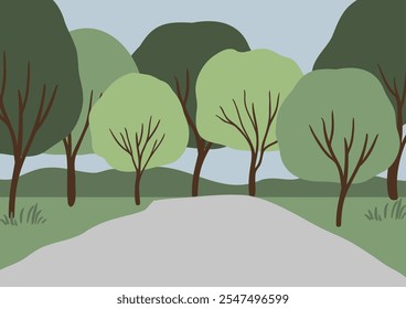 La Ilustración vectorial dibujada a mano representa un pintoresco paisaje de verano en un parque sereno. El estilo minimalista enfatiza la belleza de la naturaleza, la calidez y la alegría de los espacios al aire libre.