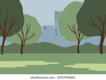 La Ilustración vectorial dibujada a mano representa un pintoresco paisaje de verano en un parque sereno. El estilo minimalista enfatiza la belleza de la naturaleza, la calidez y la alegría de los espacios al aire libre.