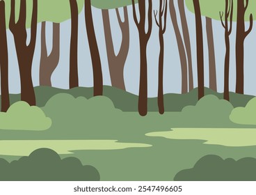 La Ilustración vectorial dibujada a mano representa un pintoresco paisaje de verano en un parque sereno. El estilo minimalista enfatiza la belleza de la naturaleza, la calidez y la alegría de los espacios al aire libre.