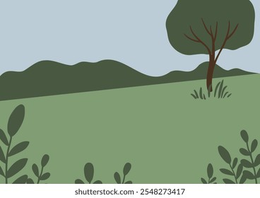 La Ilustración vectorial dibujada a mano representa un pintoresco paisaje de verano en un parque sereno. El estilo minimalista enfatiza la belleza de la naturaleza, la calidez y la alegría de los espacios al aire libre.