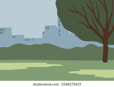 hand-drawn vector illustration depicts a picturesque summer landscape in a serene park. The minimalist style emphasizes the beauty of nature, warmth and joy of outdoor spaces.