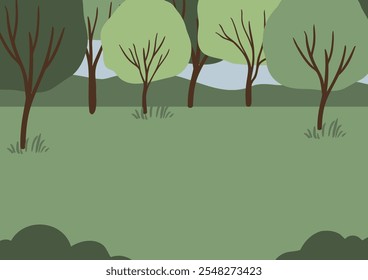 La Ilustración vectorial dibujada a mano representa un pintoresco paisaje de verano en un parque sereno. El estilo minimalista enfatiza la belleza de la naturaleza, la calidez y la alegría de los espacios al aire libre.