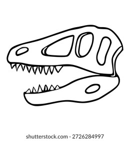 Ilustración vectorial dibujada a mano de un cráneo de dinosaurio con dientes afilados y mandíbula abierta