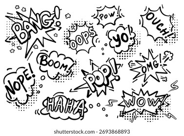 Ilustração vetorial desenhada à mão rabisca quadrinhos. Balão de fala com palavras boom, bom, pop, haha, nope, bang, oops, ouch. 