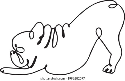 Hand-drawn vector illustration of a doodle dog. French bulldog. Funny puppy doing yoga exercises