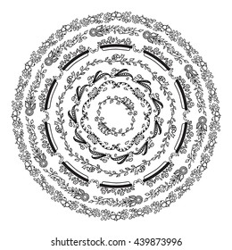 Hand-drawn vector illustration. Doodle lace mandala, coloring for adult page. Herbal and forest element, flower, snail, branch, leaves, acorn, hedgehogs. Set of round frame for photo decor. Black line