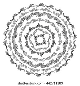 Hand-drawn vector illustration. Doodle lace mandala, coloring for adult page. Ocean and sea elements, seaweed, shell, corals, jellyfish, fish, leaves. Set of round frame for photo decor. Black line