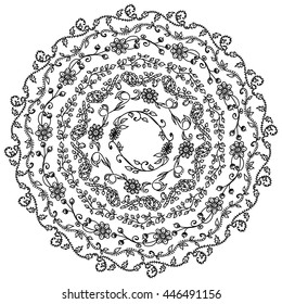 Hand-drawn vector illustration. Doodle lace mandala, coloring for adult page. Branch, leaves, trees, flowers, ivy, vine, daisy, lily, line, swirl, grass. Set of round frame for photo decor. Black line