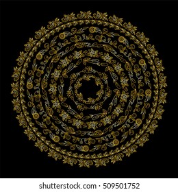 Hand-drawn vector illustration. Doodle lace mandala, beautiful art, print. Herbal elements, roses, flowers, reeds, pears, leaves. Round vintage frames. Premium gold style