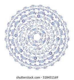 Hand-drawn vector illustration. Doodle lace mandala, beautiful art, print. Herbal elements, roses, flowers, reeds, pears, leaves. Round vintage frames. Blue watercolor style 