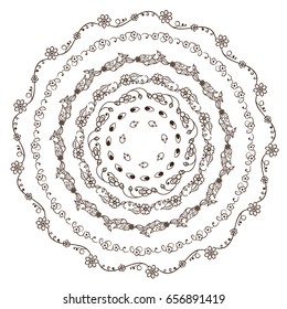Hand-drawn vector illustration. Doodle lace mandala, coloring for adult page. Branch, leaves, trees, wild flowers, herbs, weeds, reeds. Set of round frames for design, different elements in each art 
