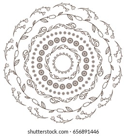 Hand-drawn vector illustration. Doodle lace mandala, coloring for adult page. Branch, leaves, trees, wild flowers, herbs, weeds, reeds. Set of round frames for design, different elements in each art 