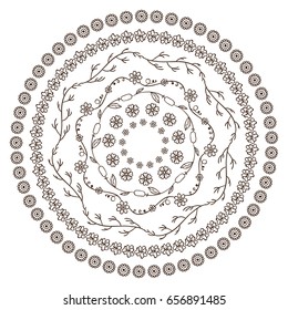 Hand-drawn vector illustration. Doodle lace mandala, coloring for adult page. Branch, leaves, trees, wild flowers, herbs, weeds, reeds. Set of round frames for design, different elements in each art 