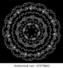 Hand-drawn vector illustration. Doodle lace mandala, coloring for adult page. Branch, leaves, trees, wild flowers, herbs, weeds, reeds. Set of round frames for design, different elements in each art