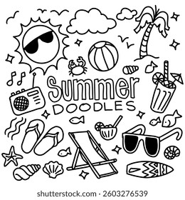 Hand-drawn vector illustration in doodle style of summer elements and beach and vacation objects