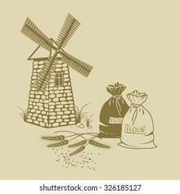 hand-drawn Vector illustration of ears of wheat, sacks of flour and windmill