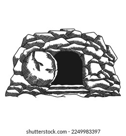 Hand-drawn vector illustration for Easter. Empty tomb after the resurrection of Jesus Christ.