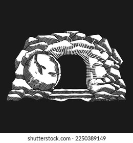 Hand-drawn vector illustration for Easter. Empty tomb after the resurrection of Jesus Christ.