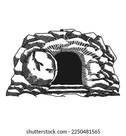 Hand-drawn vector illustration for Easter. Empty tomb after the resurrection of Jesus Christ.