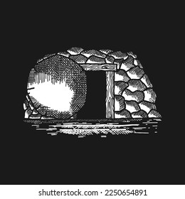 Hand-drawn vector illustration for Easter. Empty tomb after the resurrection of Jesus Christ.