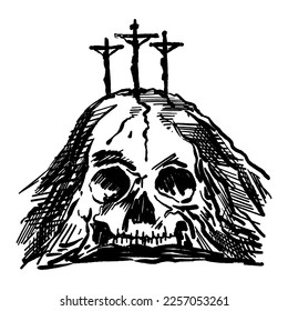 Hand-drawn vector illustration for Easter. Mount Calvary near Jerusalem, in the shape of a skull, three crosses on top.