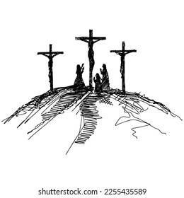 Hand-drawn vector illustration for Easter. Three crosses on top of Mount Calvary, near Jerusalem. People next to the cross of the crucified Jesus Christ.