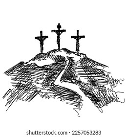 Hand-drawn vector illustration for Easter. Three crosses on top of Mount Calvary, near Jerusalem.