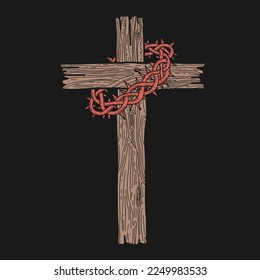 Hand-drawn vector illustration for Easter. A wooden cross with a crown of thorns. A symbol of the crucifixion and resurrection of the Lord Jesus Christ.