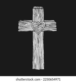 Hand-drawn vector illustration for Easter. A wooden cross with a heart in the center. A symbol of the crucifixion and resurrection of the Lord Jesus Christ.