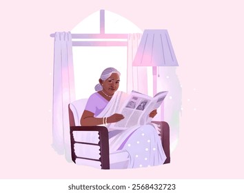 Hand-drawn vector illustration of an elderly woman reading a newspaper in the morning.  Individually on a light pink background.