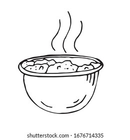 hand-drawn vector illustration, element without background, cauldron with hot food for camping
