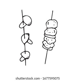 hand-drawn vector illustration, element without background, barbecue, meat and mushrooms on a stick for a bonfire, for camping