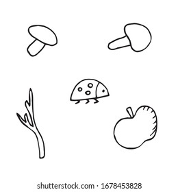hand-drawn vector illustration, element without background, mushrooms, apple, ladybug and twig
