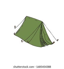 hand-drawn vector illustration, element without background, camping green tent, picnic