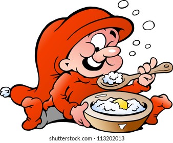 Hand-drawn Vector illustration of elf eating porridge