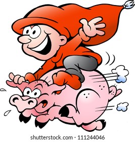 Hand-drawn Vector illustration of elf riding on a pig