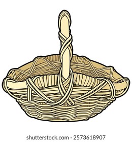 Hand-drawn vector illustration of an empty woven wicker basket with a handle. Traditional rustic design, perfect for farm, market, picnic, or eco-themed designs and craft projects