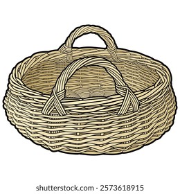 Hand-drawn vector illustration of an empty woven wicker basket with handles. Traditional rustic design, perfect for farm, market, picnic, or eco-themed designs and craft projects