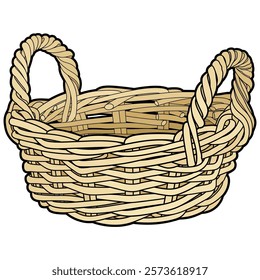 Hand-drawn vector illustration of an empty woven wicker basket with handles. Traditional rustic design, perfect for farm, market, picnic, or eco-themed designs and craft projects